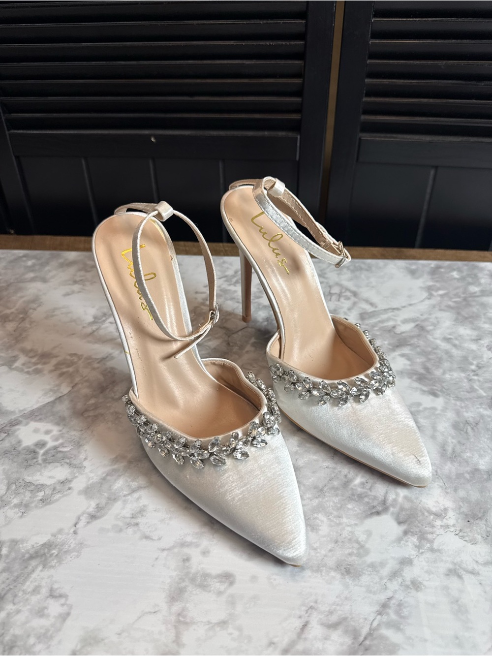 Lulu's Silver Jeweled Satin Pointed-Toe Ankle-Strap Pumps